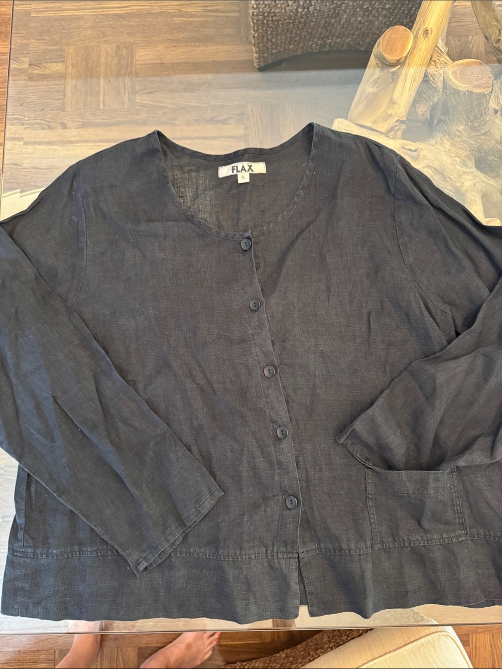 Flax Black Linen Round-Neck Button Front Shirt jacket, size large